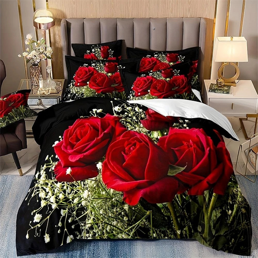 Romantic Red Rose Floral Duvet Cover Set