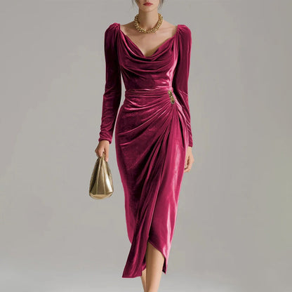 Long Sleeve Cowl Neck Ruched Slit Dress