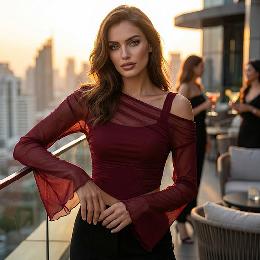 💚2026 New Arrival✨Off Shoulder Ruched Mesh Top with Flare Sleeves