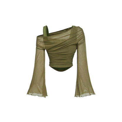 💚2026 New Arrival✨Off Shoulder Ruched Mesh Top with Flare Sleeves