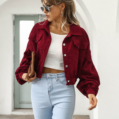 Women's Cropped Corduroy Jacket with Balloon Sleeves
