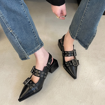 Edgy Grommet & Buckle Low Heel Pumps