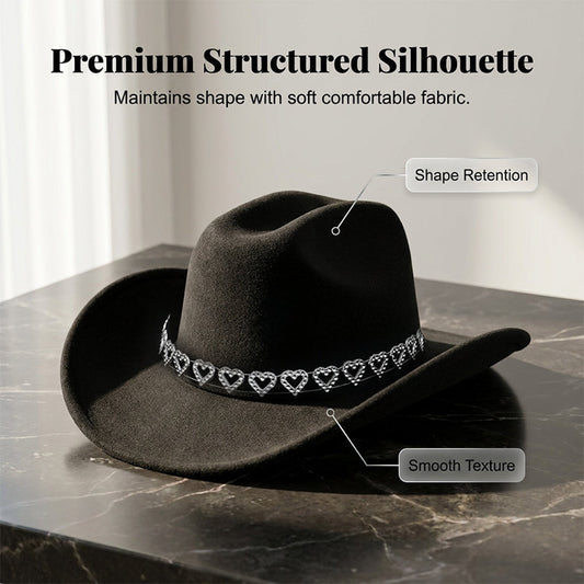 📢📢30% OFF !! ⏰Women's Rhinestone Heart Cowboy Hat Elegant French Jazz Fedora