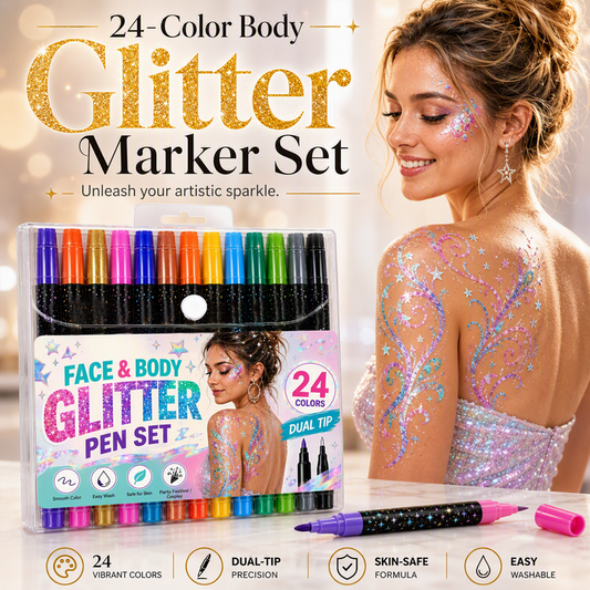 📢📢50% OFF !! ⏰24-Color Face & Body Glitter Marker Set with Dual Tips