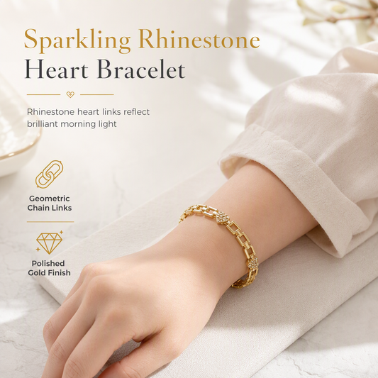 📢📢50% OFF !! ⏰Gold Rhinestone Heart and Square Hollow Rectangular Grid Chain Bracelet