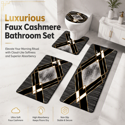 4 Piece Faux Cashmere Absorbent Bathroom Rug Set with Rectangular Mat U Shaped Toilet Mat Toilet Lid Cover and Long Runner Rug