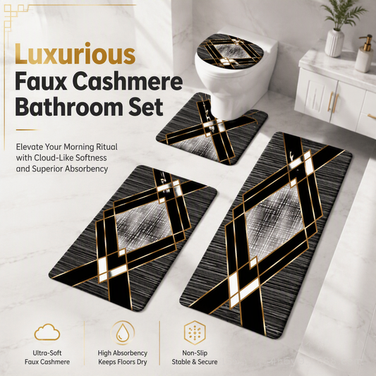 4 Piece Faux Cashmere Absorbent Bathroom Rug Set with Rectangular Mat U Shaped Toilet Mat Toilet Lid Cover and Long Runner Rug