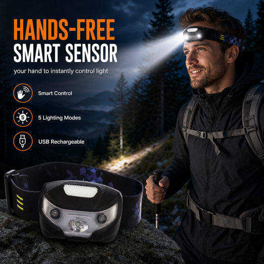 📢📢50% OFF !! ⏰ Smart Sensor Headlamp: Hands-Free, 5 Light Modes, USB Rechargeable, IPX4