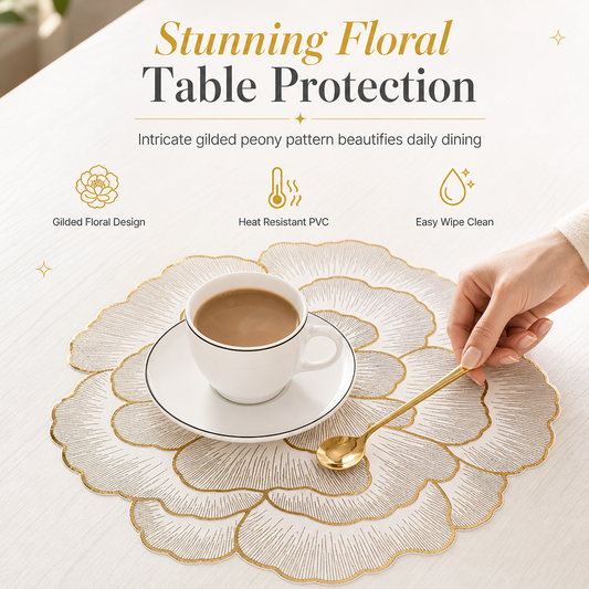 Nordic Style Metallic Peony Flower PVC Placemat | Heat Resistant Non Slip Waterproof Dining Table Mat